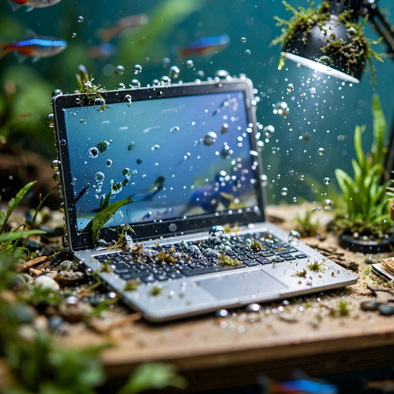 Desk and laptop inside a fish tank with fish swimming around