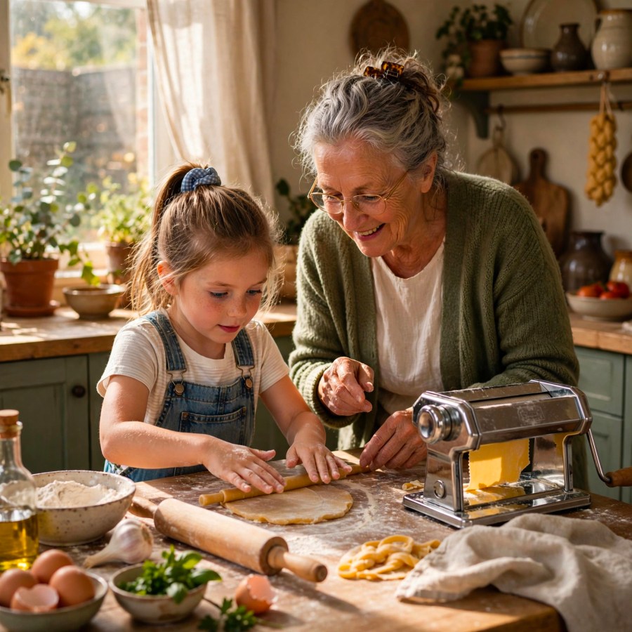 Grandmother teaching her granddaughter to make pasta