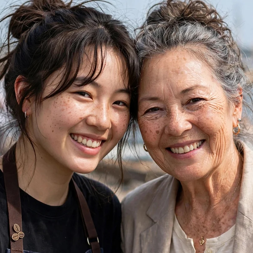 Person standing next to their aged future self in a photograph