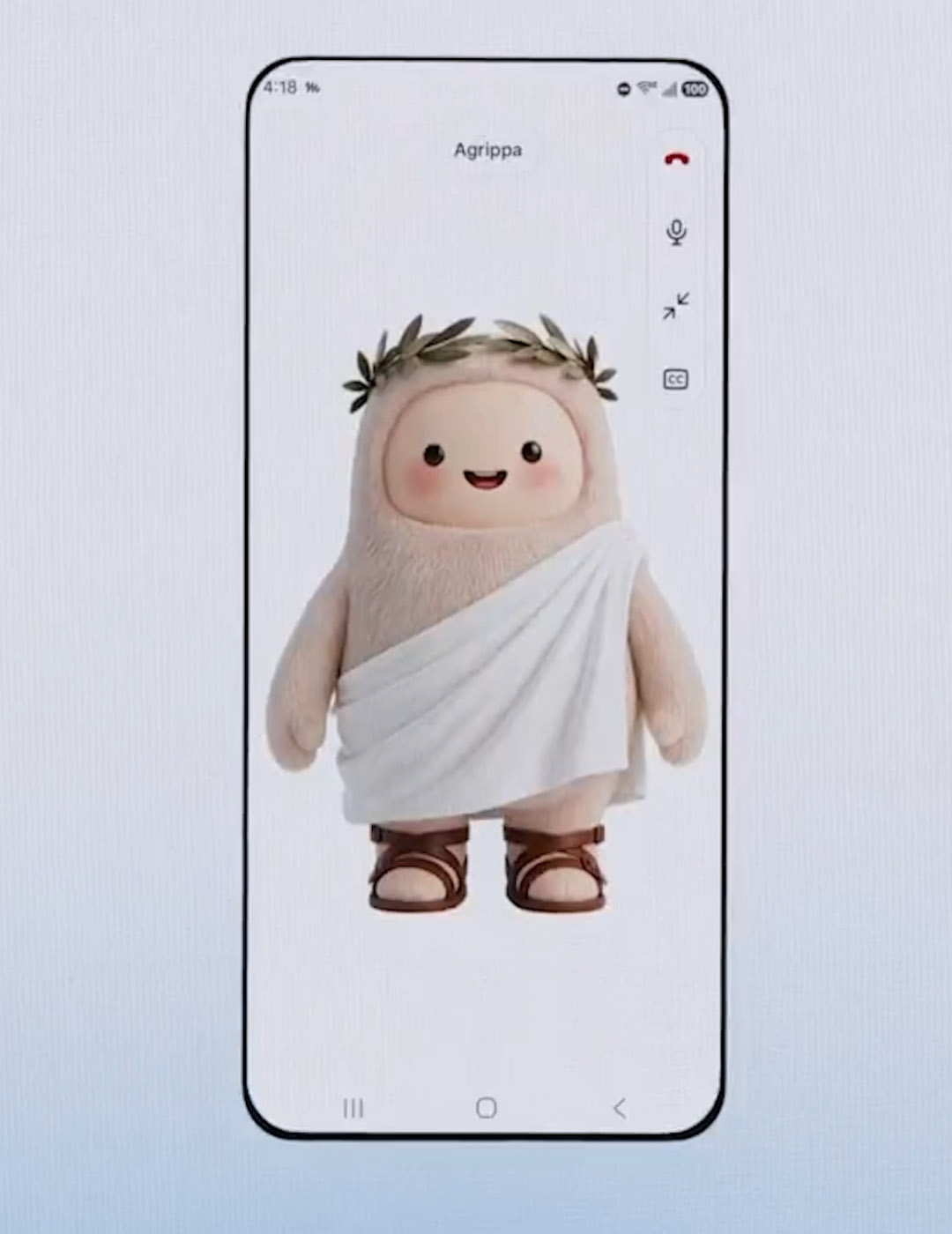 A smartphone showing a video call with a cartoon Muse avatar wearing a laurel wreath and toga